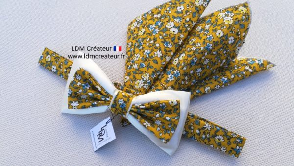 Nœud-papillon-liberty-jaune-blanc-écru-Antibes-mariage-champêtre-LDM-créateur-ldmcreateur