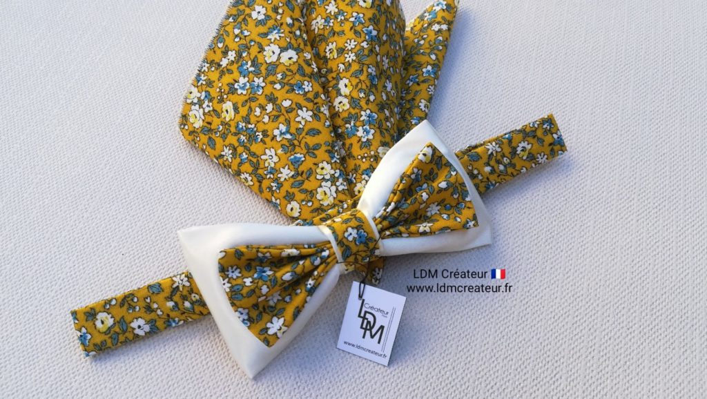 Nœud-papillon-liberty-jaune-écru-mariage-champêtre-cortège-Antibes-LDM-Createur-ldmcreateur