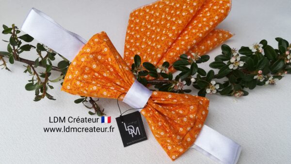 Noeud-papillon-orange-blanc-mariage-pochette-liberty-chic-boheme-Prades-ldmcreateur