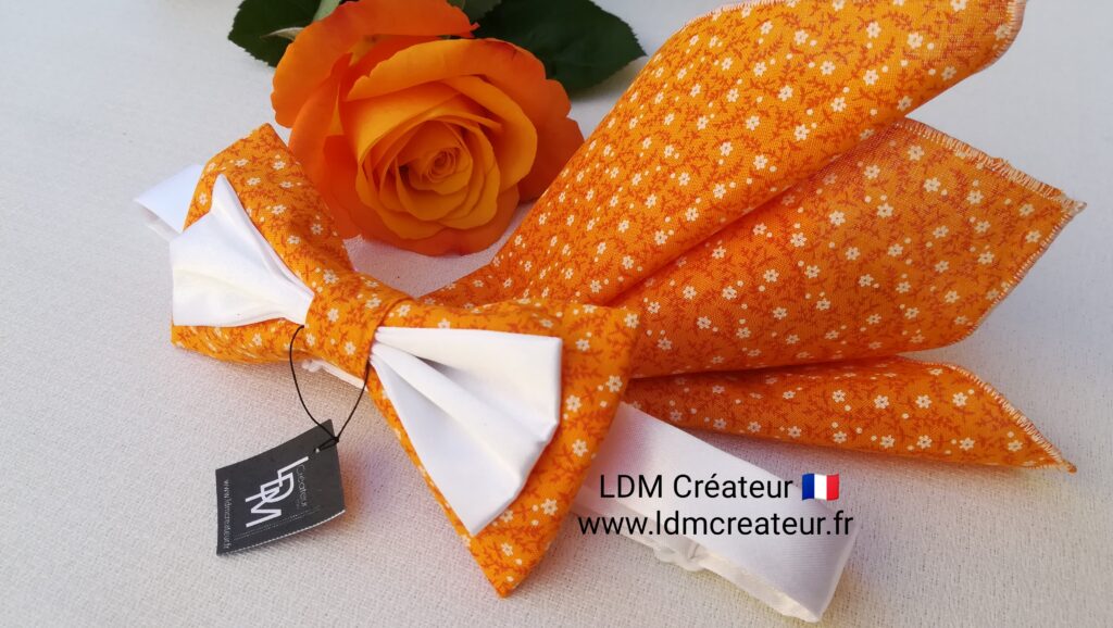 Noeud-papillon-orange-blanc-liberty-mariage-marie-pochette-cravate-accessoire-Cotignac-ldmcreateur