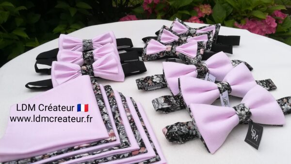 Cortege-de-mariage-gris-perle-rose-poudre-noeud-papillon-liberty-promo-ldmcreateur