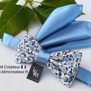 Noeud-papillon-homme-mariage-bleu-ciel-blanc-liberty-chic-champetre-pochette-Willer-ldmcreateur