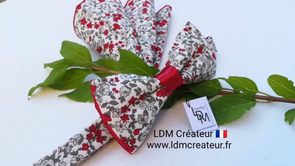 Noeud-papillon-rouge-blanc-fleuri-liberty-original-costume-homme-grenat-pochette-chic-mariage-Urcy-ldmcreateur