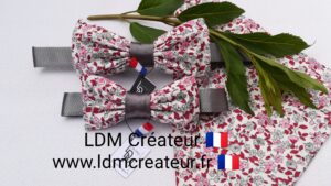 Noeud-papillon-pere-file-gris-rose-rouge-liberty-fleuri-mariage-marié-homme-pochette-Jura-LDM-Créateur-ldmcreateur