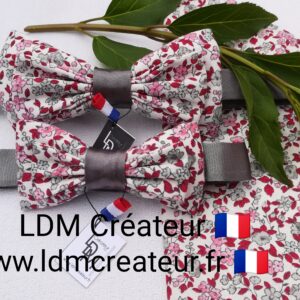 Noeud-papillon-pere-file-gris-rose-rouge-liberty-fleuri-mariage-marié-homme-pochette-Jura-LDM-Créateur-ldmcreateur