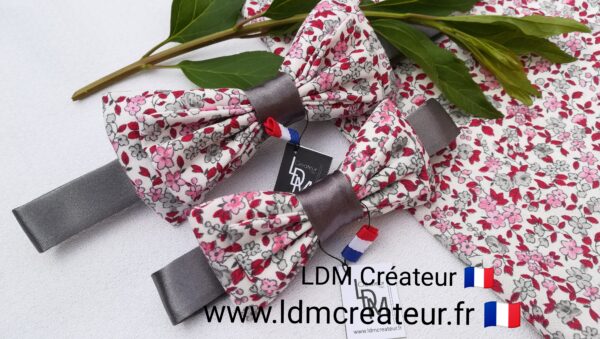 Noeud-papillon-pere-file-gris-rose-rouge-liberty-fleuri-mariage-marié-homme-style-Jura-LDM-Créateur-ldmcreateur