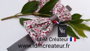 Noeud-papillon-gris-rose-rouge-liberty-fleuri-mariage-marié-homme-pochette-Cahors-LDM-Créateur-ldmcreateur