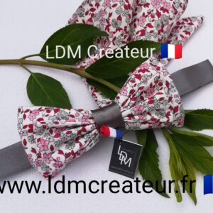 Noeud-papillon-gris-rose-rouge-liberty-fleuri-mariage-marié-homme-pochette-Cahors-LDM-Créateur-ldmcreateur