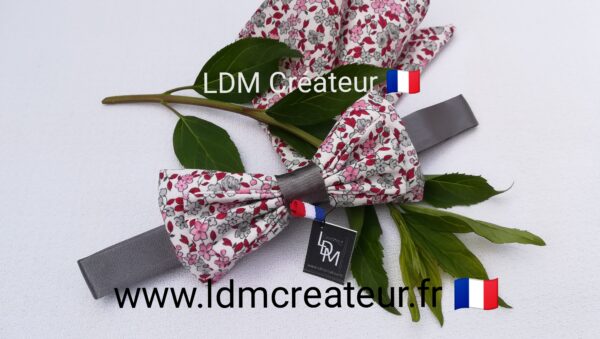 Noeud-papillon-gris-rose-rouge-liberty-fleuri-mariage-marié-homme-pochette-Cahors-LDM-Créateur-ldmcreateur