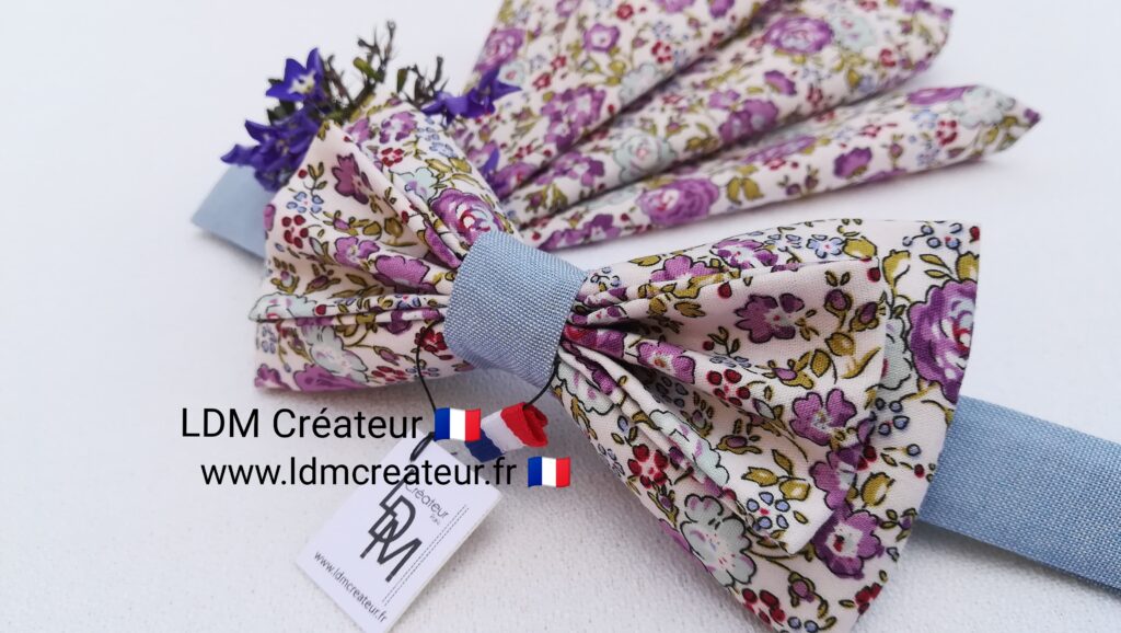 Noeud-papillon-mariage-liberty-fleuri-parme-bleu-ciel-cortège-Janville-LDM-Créateur-ldmcreateur