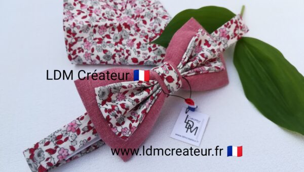 Noeud-papillon-rose-rouge-liberty-fleuri-mariage-costume-homme-Kerfot-LDM-Créateur-ldmcreateur