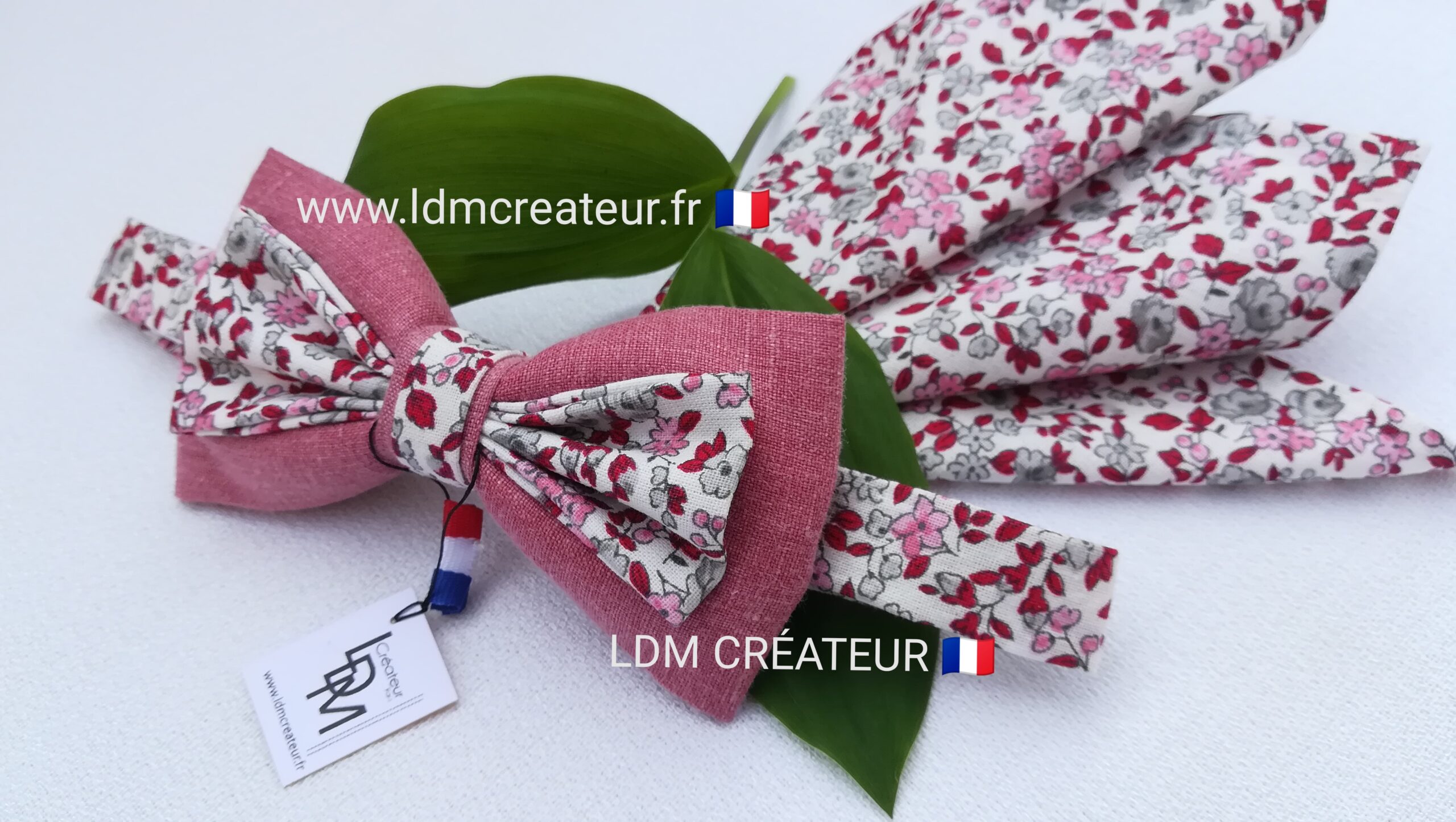 Noeud-papillon-rose-rouge-liberty-fleuri-mariage-homme-Kerfot-LDM-Créateur-ldmcreateur