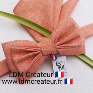 Noeud-papillon-Orangé-peche-saumon-lin-uni-pochette-costume-mariage-Mende-LDM-Créateur-ldmcreateur