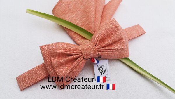 Noeud-papillon-Orangé-peche-saumon-lin-uni-pochette-costume-mariage-Mende-LDM-Créateur-ldmcreateur