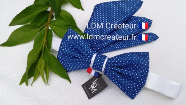 Noeud-papillon-bleu-dur-blanc-pois-mariage-céréminie-pochette-Lourdes-LDM-Créateur