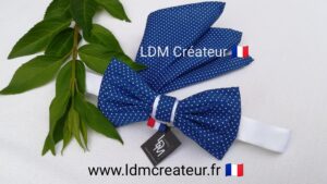 Noeud-papillon-bleu-dur-blanc-pois-mariage-chemise-pochette-Lourdes-LDM-Créateur