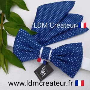 Noeud-papillon-bleu-dur-blanc-pois-mariage-chemise-pochette-Lourdes-LDM-Créateur