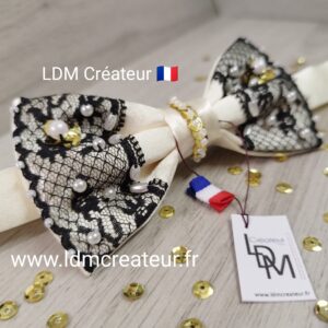 Noeud-papillon-femme-ecru-dentelle-noire-bijou-perles-sequins-mariage-soiree-smoking-Istres-LDM-Createur-