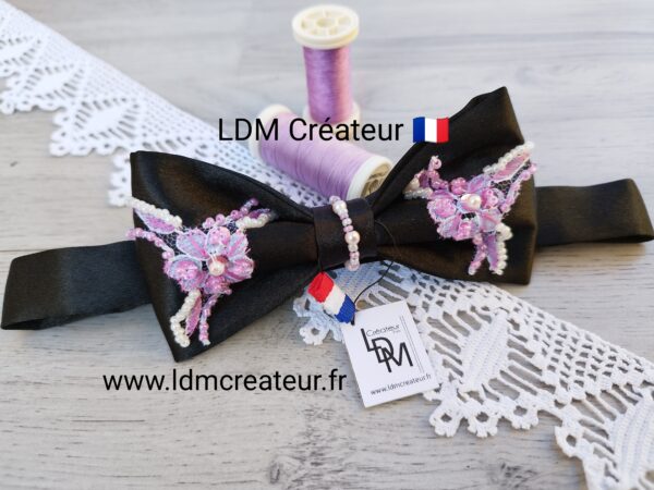 Noeud-papillon-noir-femme-dentelle-soiree-bijou-perle-rose-blanche-sequin-mariage-soiree-gala-Orly-LDM-Createur-ldmcreateur