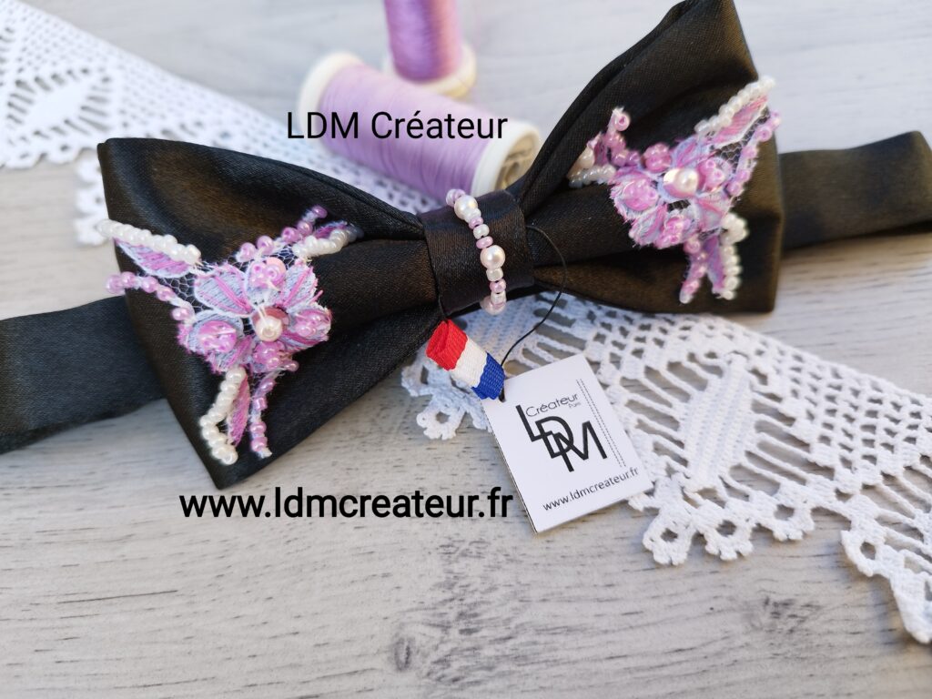 Noeud-papillon-noir-femme-soiree-bijou-perle-rose-sequin-dentelle-Orly-LDM-Createur-ldmcreateur