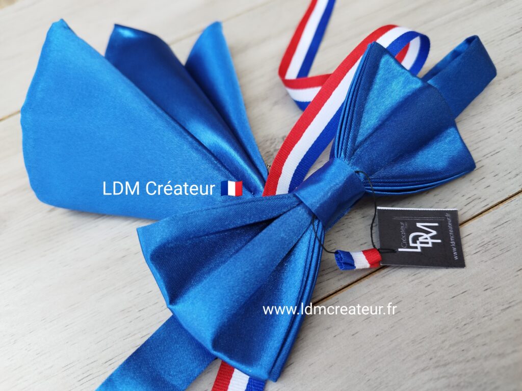 Noeud-papillon-Français-bleu-dur-uni-mariage-pochette-cortège-homme-costume-original-Cergy-LDM-Créateur