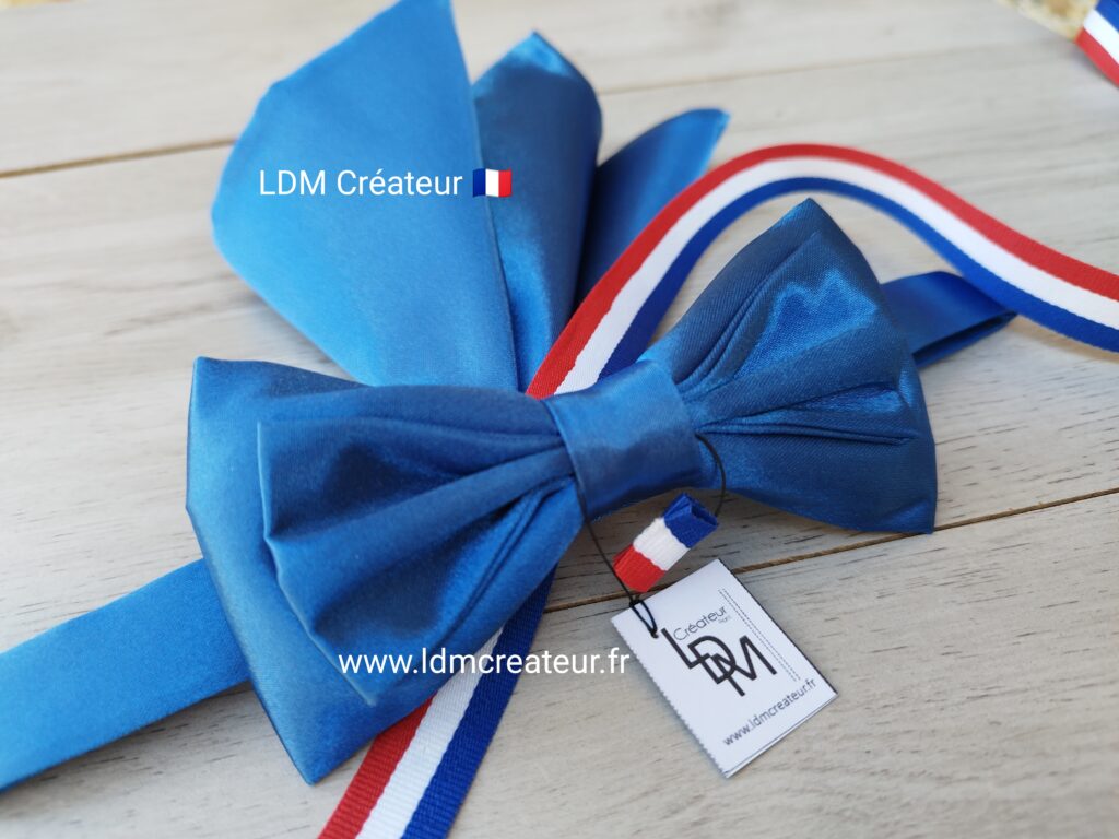 Noeud-papillon-bleu-dur-uni-mariage-pochette-cortège-homme-invité-cérémonie-Vosges-LDM-Créateur