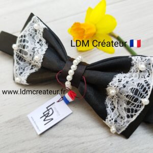 Noeud-papillon-original-femme-noir-perles-fait-mains-dentelle-soirée-mariage-smoking-Marquise-LDM-Créateur