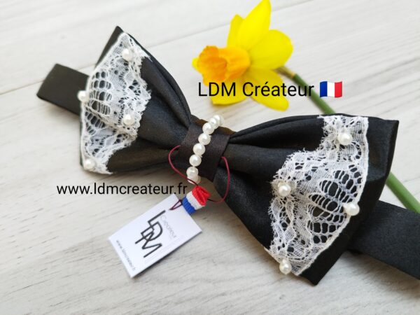 Noeud-papillon-original-femme-noir-perles-fait-mains-dentelle-soirée-mariage-smoking-Marquise-LDM-Créateur