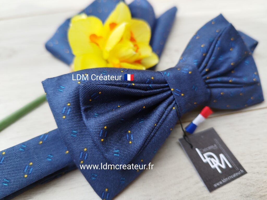 Noeud-papillon-Français-bleu-marine-soie-mariage-pochette-cortège-homme-costume-original-Reims-LDM-Créateur