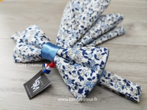 Noeud-papillon-homme-liberty-bleu-champetre-mariage-fleuri-Pochette-Veules-LDM-Créateur-ldmcreateur