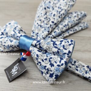 Noeud-papillon-homme-liberty-bleu-champetre-mariage-fleuri-Pochette-Veules-LDM-Créateur-ldmcreateur