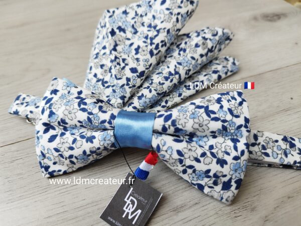Noeud-papillon-liberty-bleu-mariage-champetre-fleuri-Pochette-Veules-LDM-Créateur-ldmcreateur