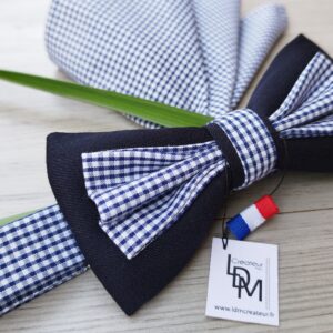 nœud-papillon-bleu- marine-blanc-homme-costume-mariage-pochette-motifs-Grenoble-LDM-Createur-ldmcreateur