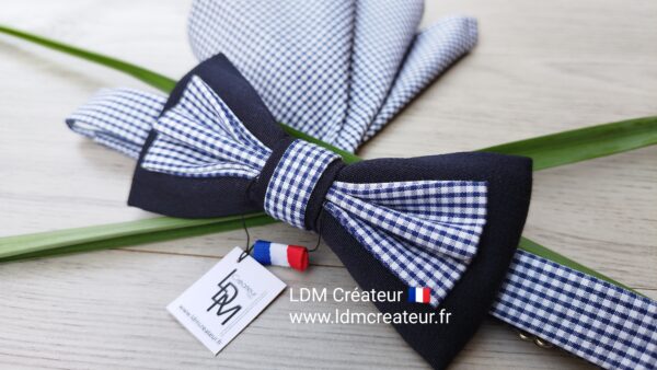 nœud-papillon-bleu- marine-blanc-homme-mariage-pochette-motifs-Grenoble-LDM-Createur-ldmcreateur