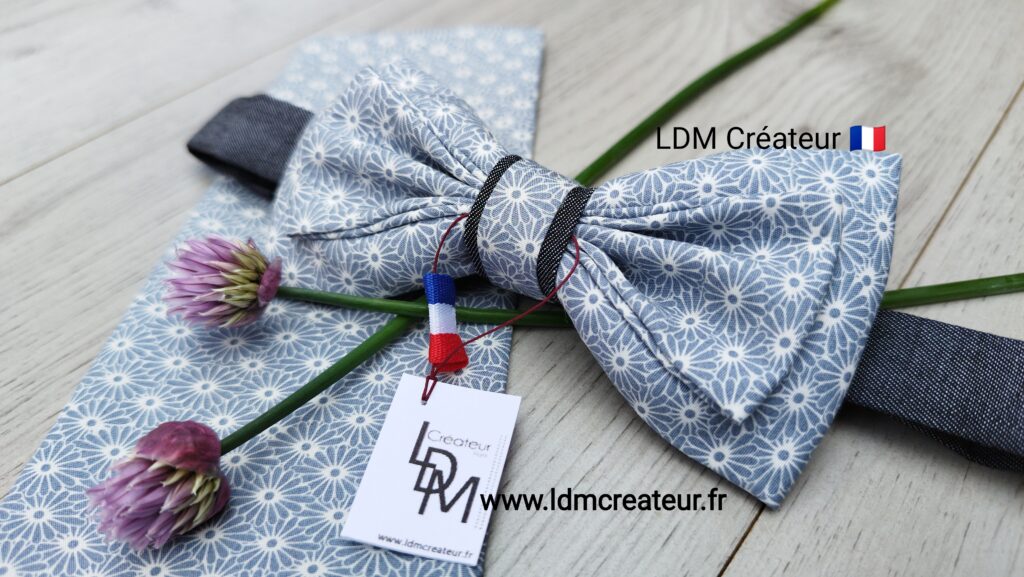 Noeud-papillon-gris-blanc-homme-invité-cortège-mariage-pochette-liberty-fleuri-champetre-Lille-LDM-Créateur