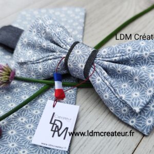 Noeud-papillon-gris-blanc-homme-invité-cortège-mariage-pochette-liberty-fleuri-champetre-Lille-LDM-Créateur