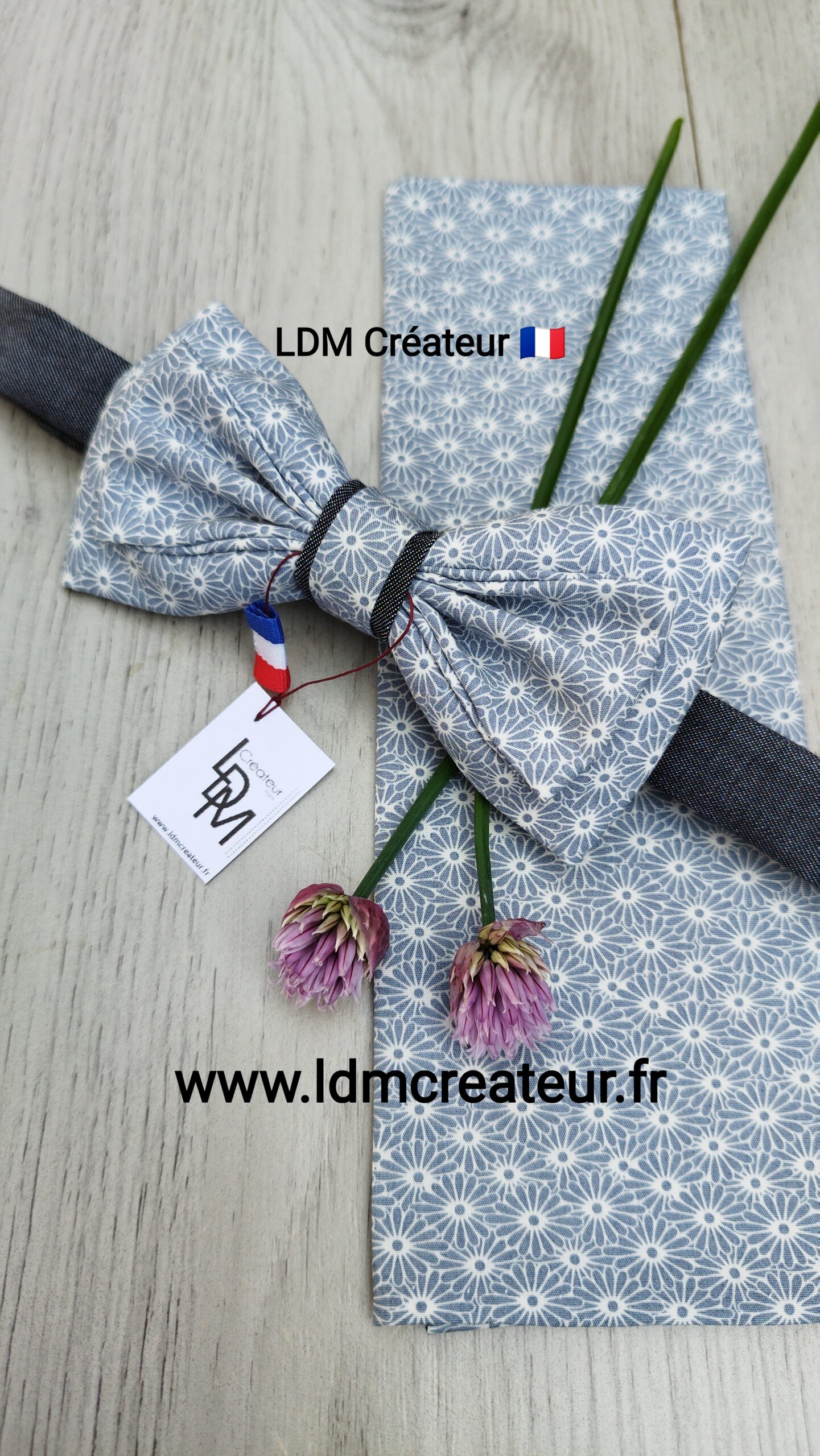 Noeud-papillon-gris-blanc-homme-mariage-pochette-liberty-fleuri-champetre-Lille-LDM-Créateur