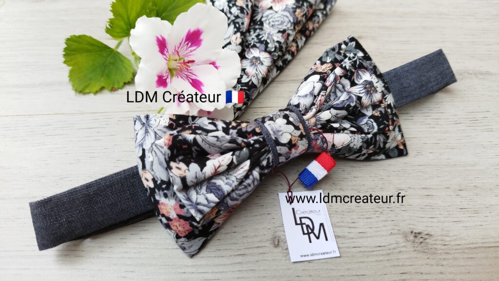 Noeud-papillon-gris-rose-pale-mariage-original-homme-pochette-Bidart-LDM-Createur-fr