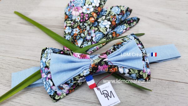 Noeud-papillon-homme-liberty-bleu-ciel-rose-vert-champetre-pochette-champetre-mariage-Talcy-LDM-Créateur-