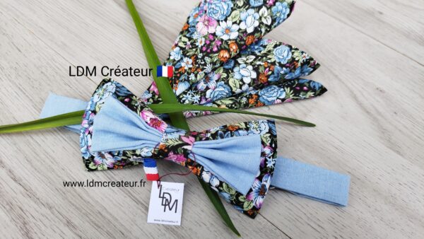 Noeud-papillon-homme-liberty-fleuri-bleu-ciel-rose-vert-champetre-costume-champetre-mariage-Talcy-LDM-Créateur-
