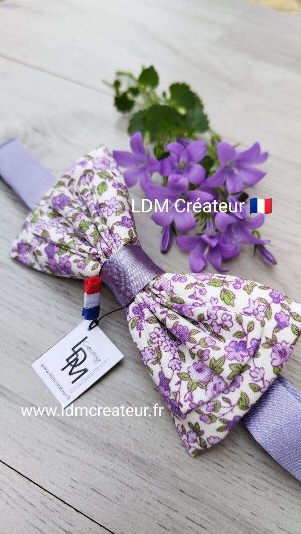 Noeud-papillon-homme-liberty-fleuri-parme-original-lilas-mauve-mariage-cortège-Amiens-LDM-Créateur