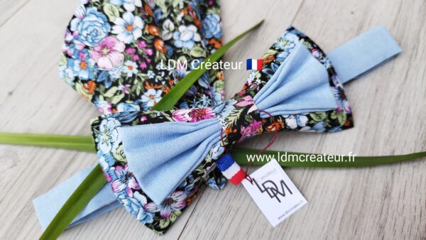 Noeud-papillon-liberty-bleu-ciel-rose-vert-champetre-pochette-champetre-mariage-Talcy-LDM-Créateur-