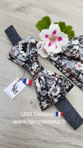 Noeud-papillon-liberty-fleuri-gris-rose-pale-noir-mariage-original-homme-pochette-Bidart-LDM-Createur-fr