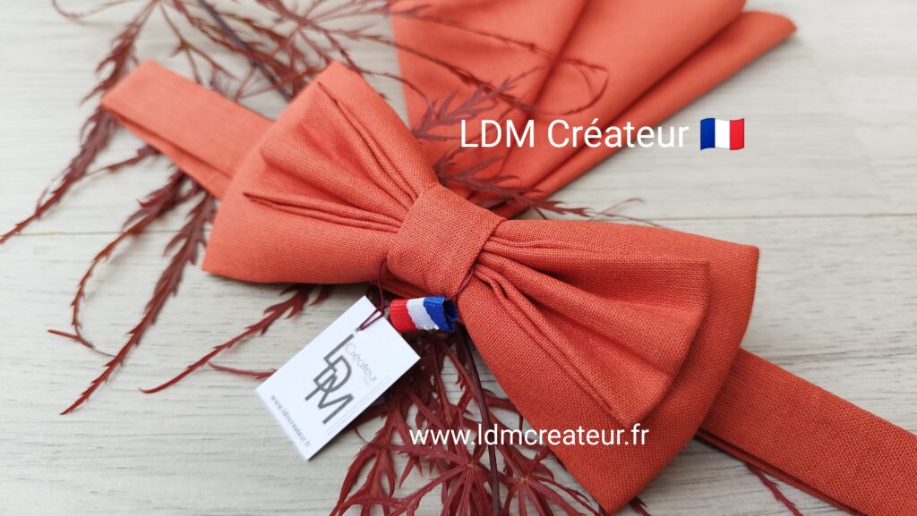 Noeud-papillon-terracotta-uni-brique-corail-rose-orange-homme-mariage-pochette-Havre-LDM-Créateur