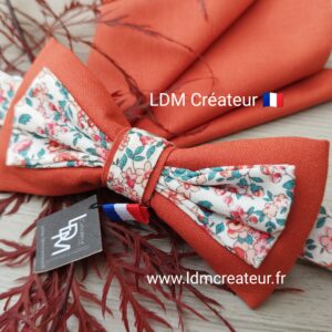 Noeud-papillon-terracotta-uni-liberty-pochette-brique-corail-rose-orange-homme-cérémonie-mariage-cortège-Tarbes-LDM-Créateur
