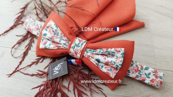 Noeud-papillon-terracotta-uni-liberty-pochette-brique-corail-rose-orange-homme-cérémonie-mariage-cortège-Tarbes-LDM-Créateur