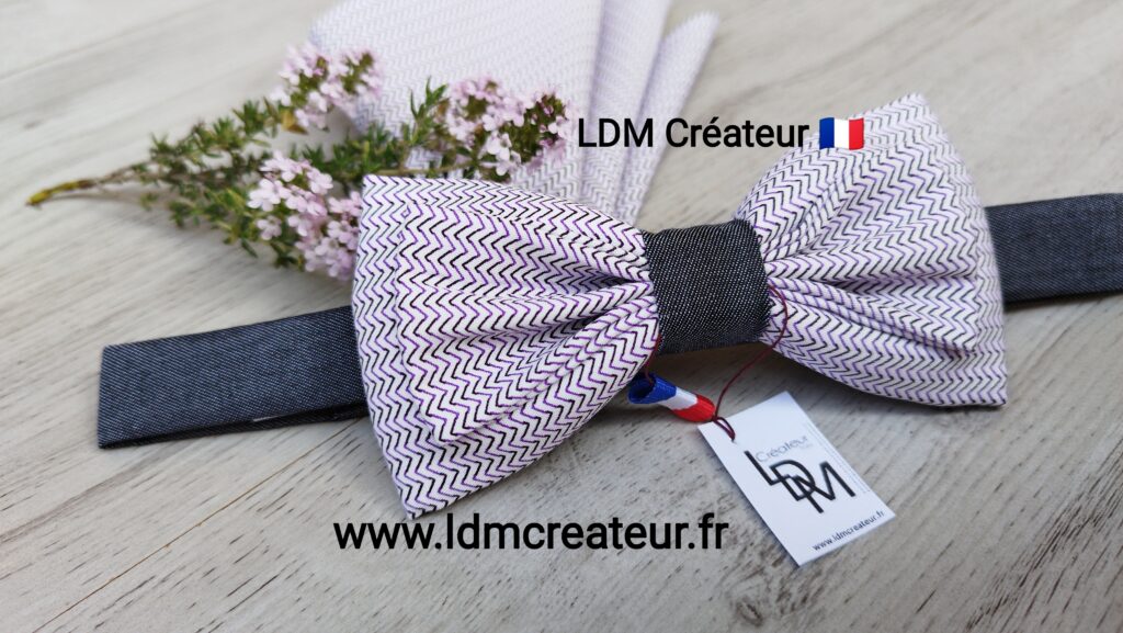 Noeud-papillon-parme-gris-motifs-losanges-homme-original-mariage-Rouen-cérémonie-LDM-Créateur