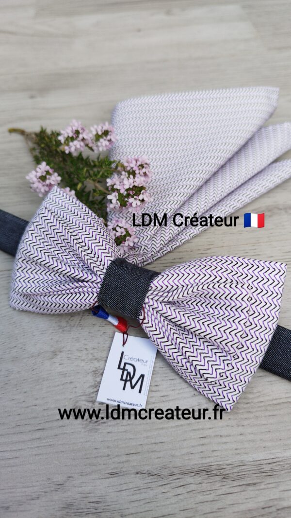Noeud-papillon-parme-gris-motifs-losanges-homme-original-mariage-pochette-Rouen-cérémonie-LDM-Créateur