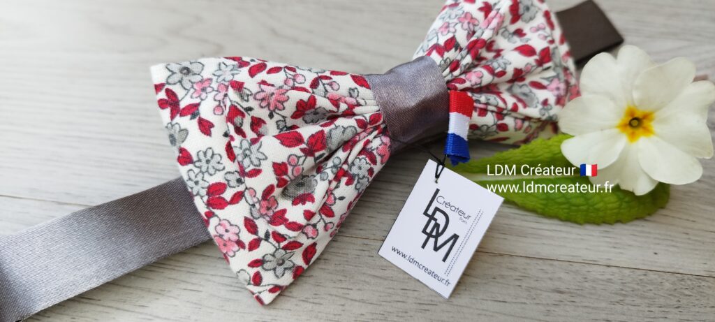 Noeud-papillon-liberty-rose-rouge-gris-Collonges-mariage-LDM-Createur-fr