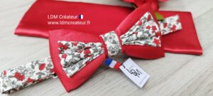 Noeud-papillon-rouge-blanc-gris-mariage-liberty-fleuri-cortège-pochette-Sospel-LDM-Createur-fr